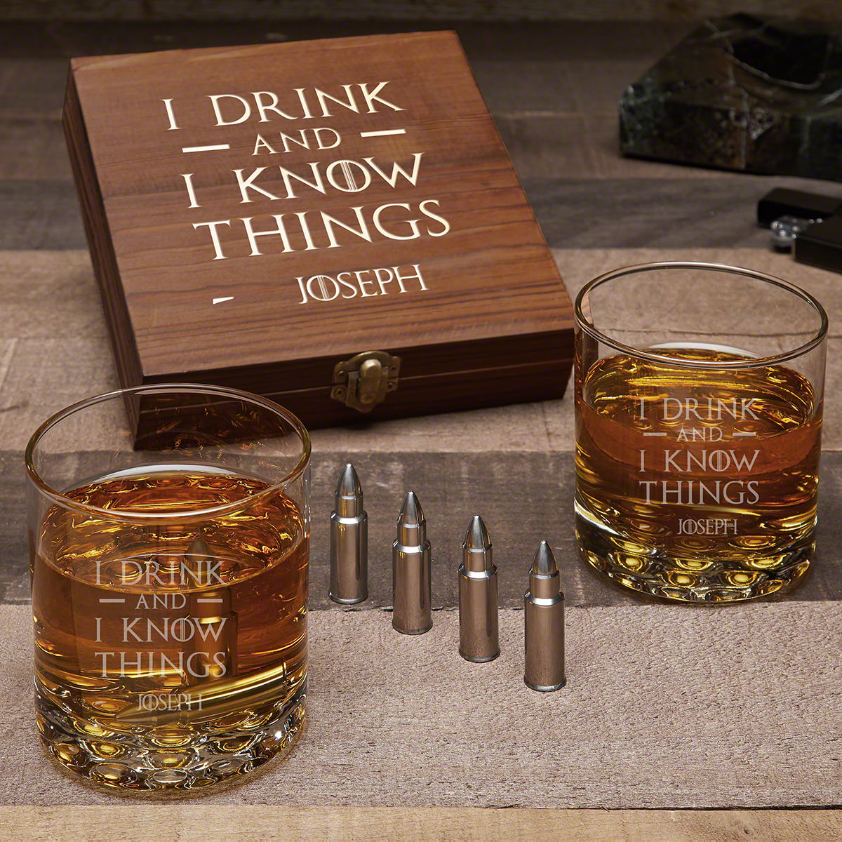 I Drink & I Know Things Custom Buckman Glasses with Bullet Whiskey Stones