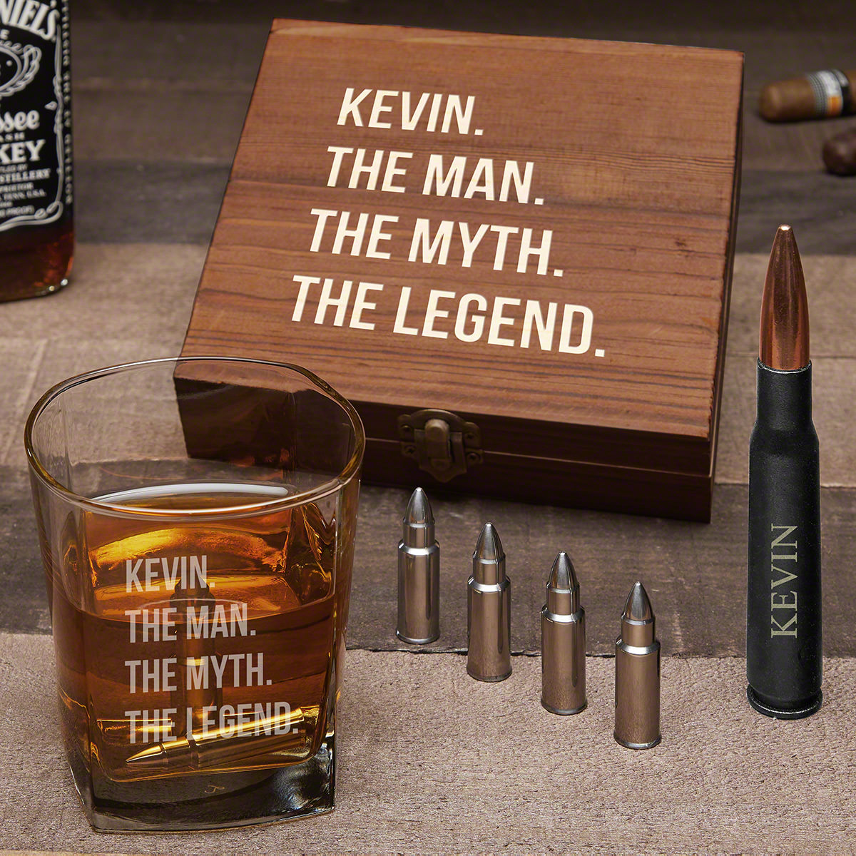 Man Myth Legend Personalized Bullet Whiskey Stones & Bottle Opener Set