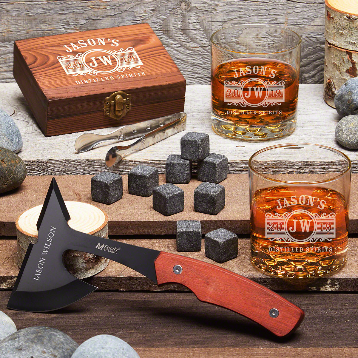 Rustic Adventure Marquee Personalized Whiskey Set and Hatchet - Masculine Gift