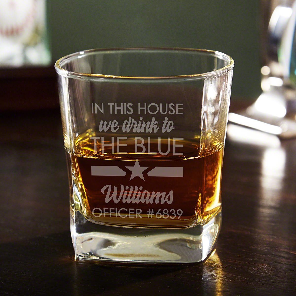 In This House Thin Blue Line Custom Square Whiskey Glass - Police Gift