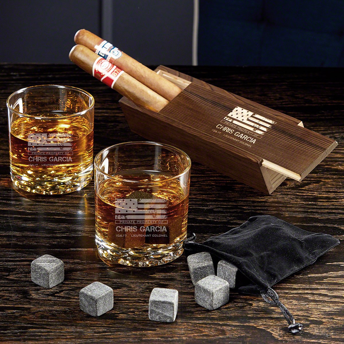 American Heroes Custom Buckman Whiskey Glass Set with Cigar Box - Gift for Military