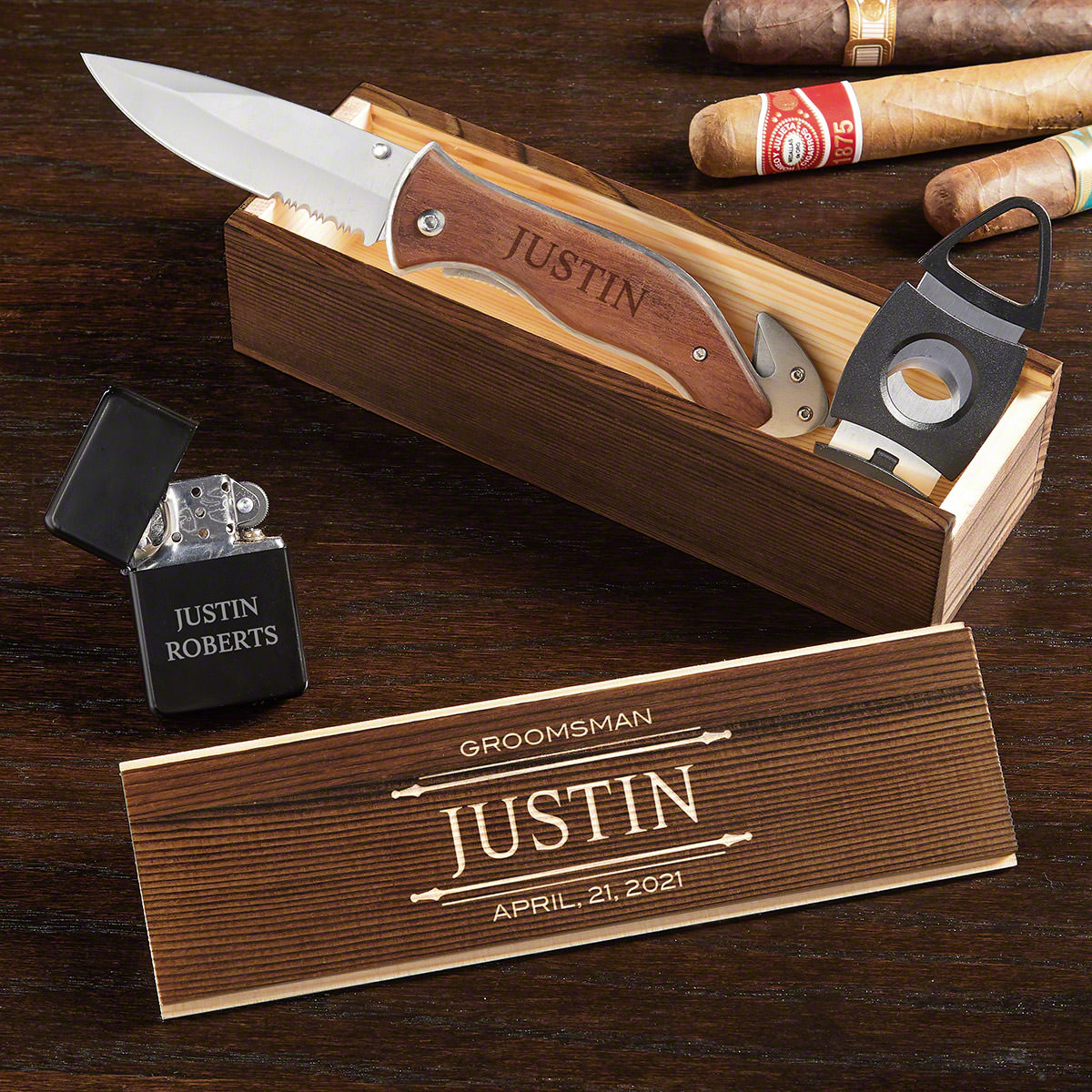 Personalized knife with lighter and cigar gift set