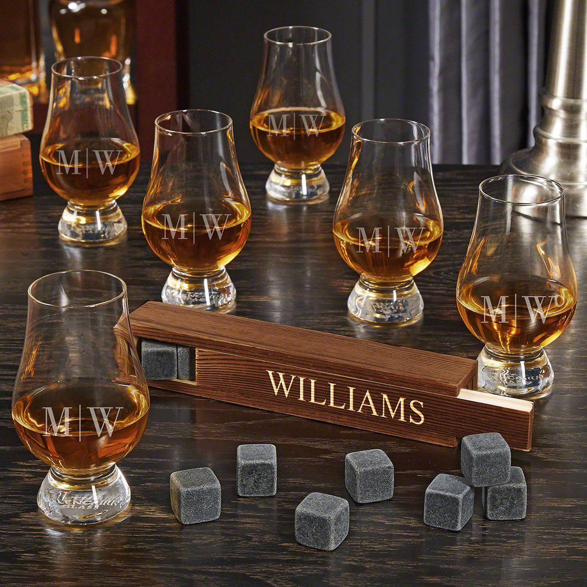 Quinton Custom Whiskey Stone Set with 6 Glencairn Whiskey Tasting Glasses