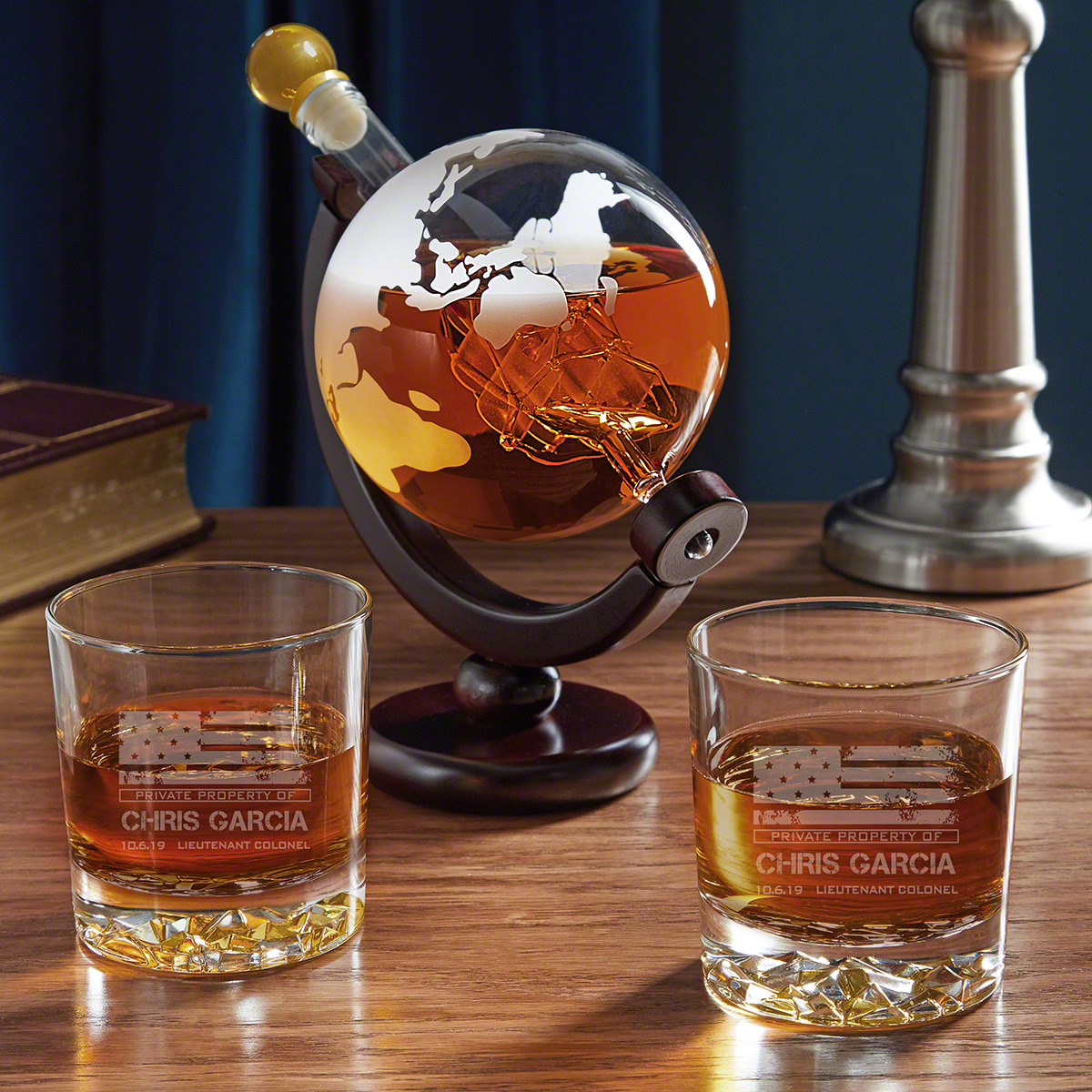American Heroes Etched Globe Decanter Set of Military Gifts