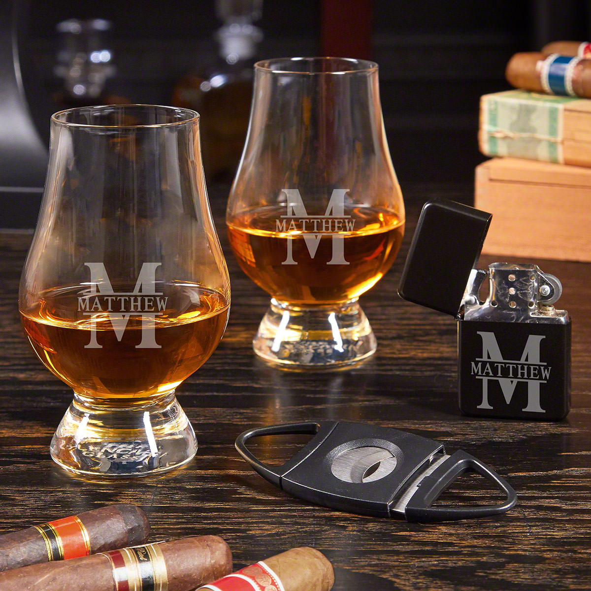 Oakmont Engraved Cigar Gift Set with Glencairn Glasses