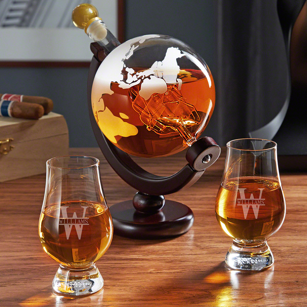 Oakmont Personalized Globe Decanter Set with Glencairn Glasses