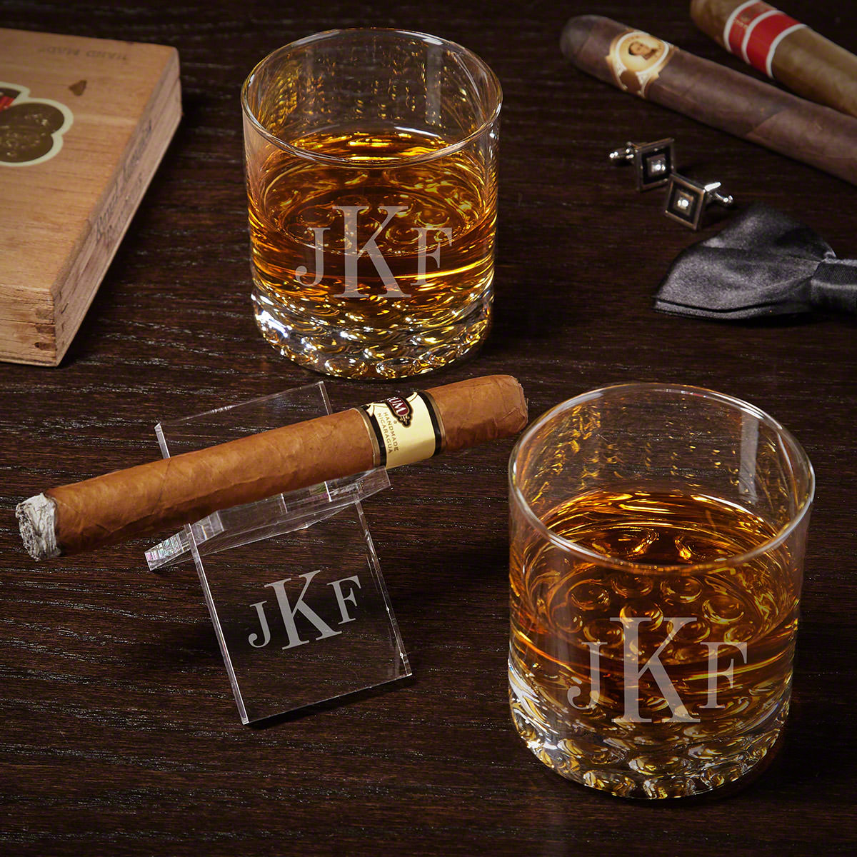 Classic Monogram Engraved Buckman Whiskey Glass Set with Cigar Stand