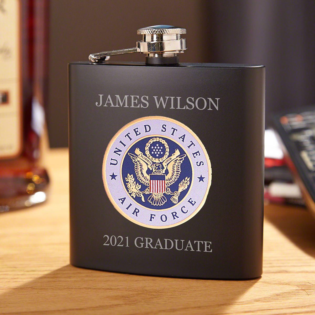 Air Force Crest Engraved Blackout Flask Air Force Gift