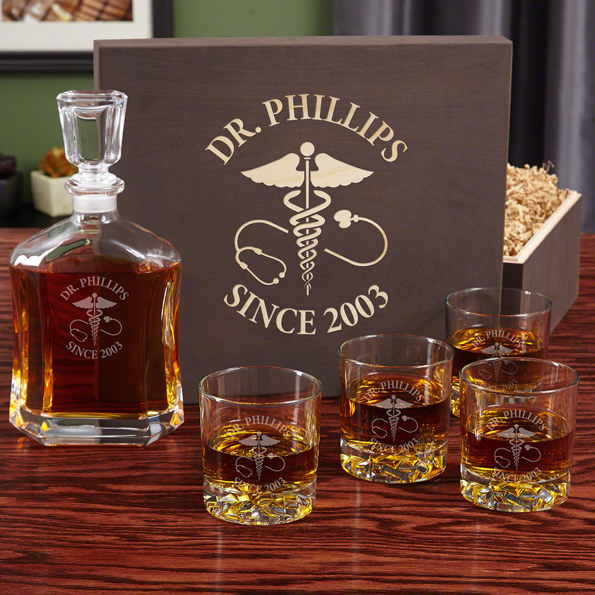 Caduceus Engraved Set of Whiskey Gifts for Doctors