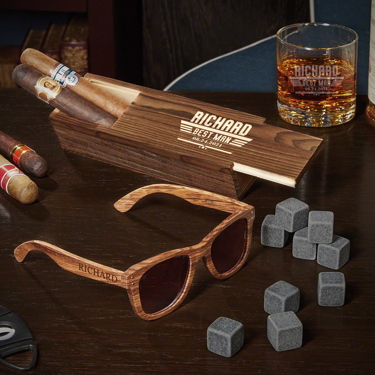 Maverick Buckman Glass with Slim Cigar Box Personalized Groomsman Gifts