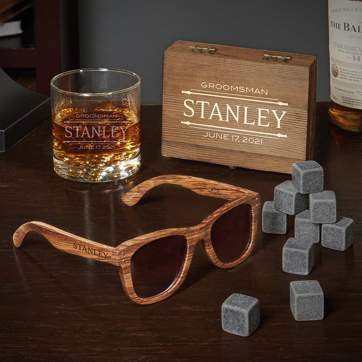 Stanford Engraved Whiskey Groomsmen Gifts with Sunglasses