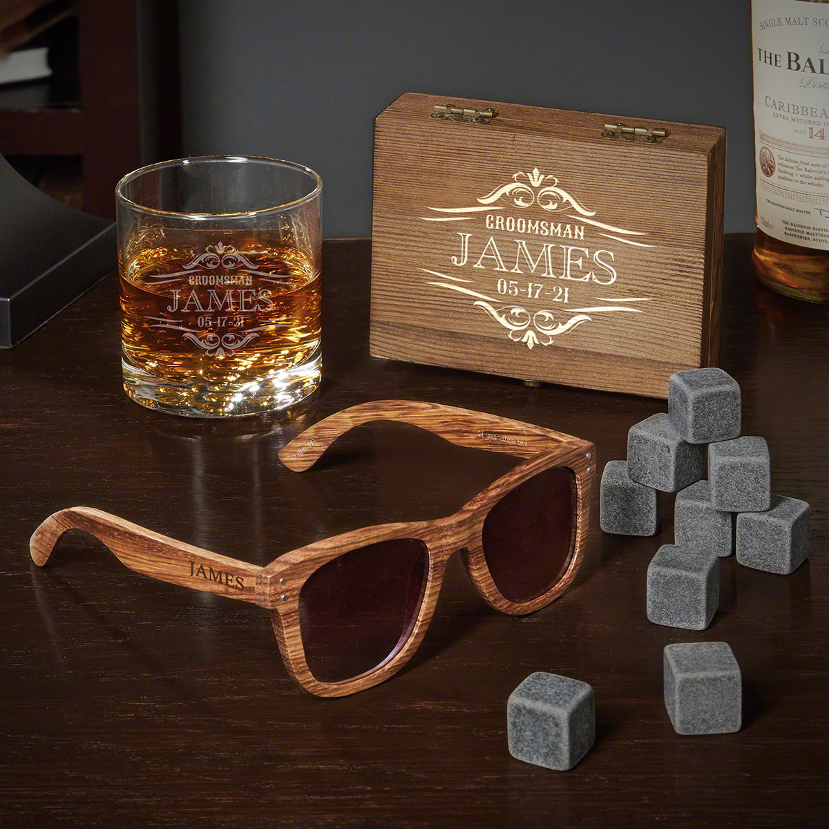 Wilshire Buckman Glass and Whiskey Stone Box Set Engraved Gifts for Groomsmen