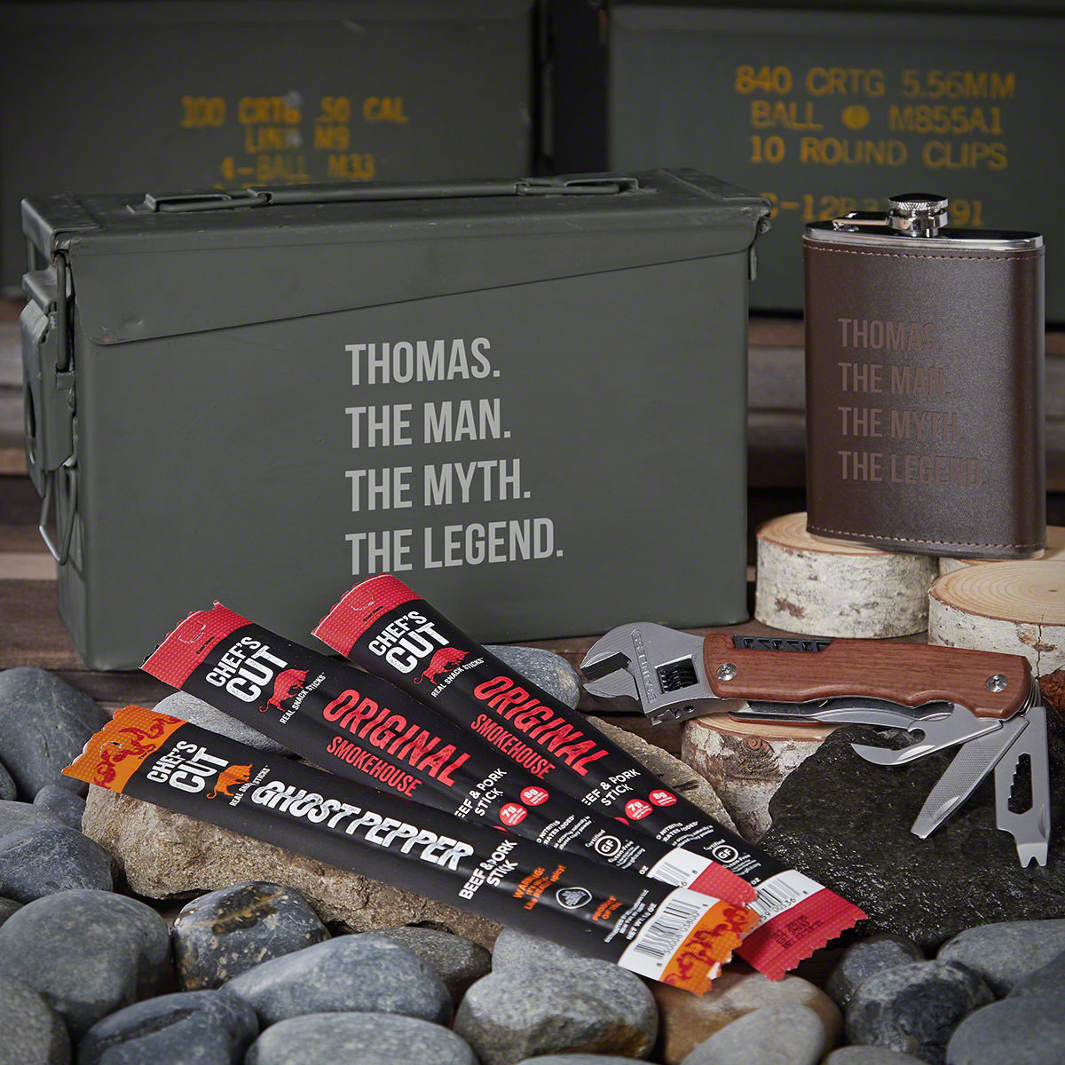 Man Myth Legend Engraved 30 Cal Ammo Can Set with Flask Best Gift Ideas for Men