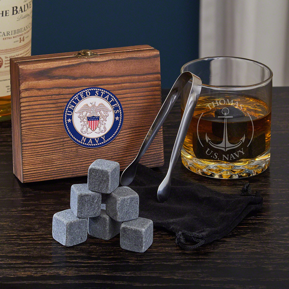 Naval Anchor Engraved Whiskey Stone Set US Navy Gifts