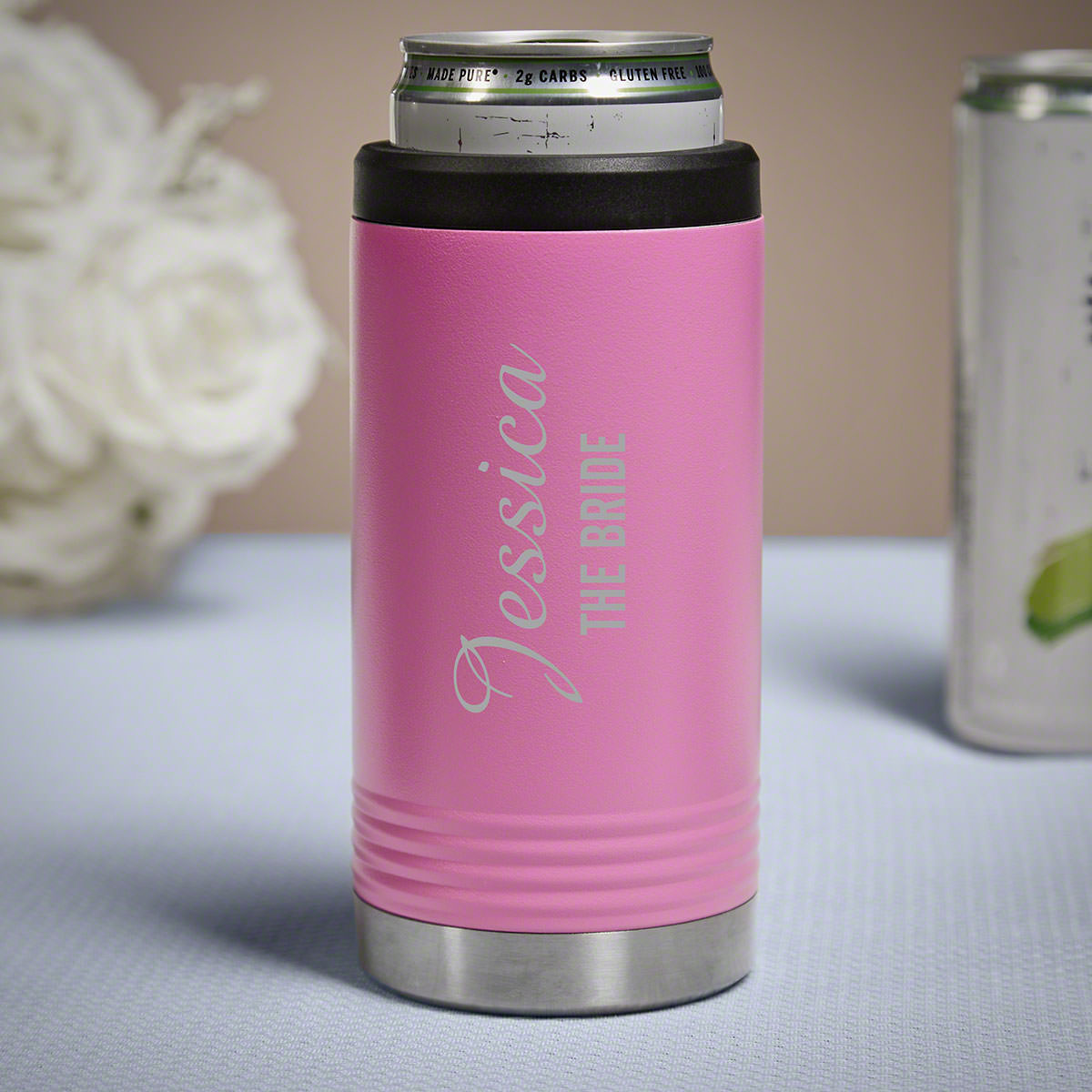 Lassarre Engraved Pink Slim Can Cooler Bridesmaid Gift