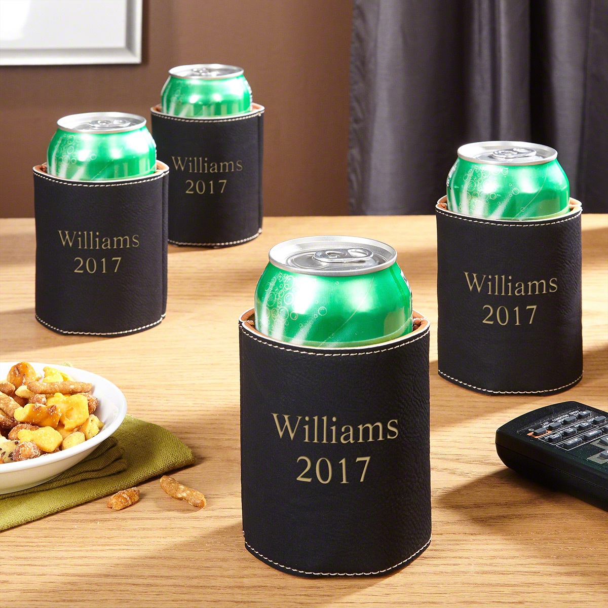 Custom Charcoal Faux Leather Beer Can Coolers, Set of 4