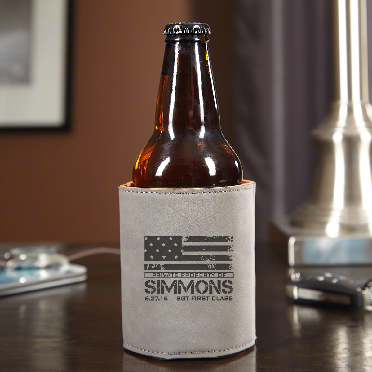 American Heroes Personalized Beer Koozie, Slate Gray