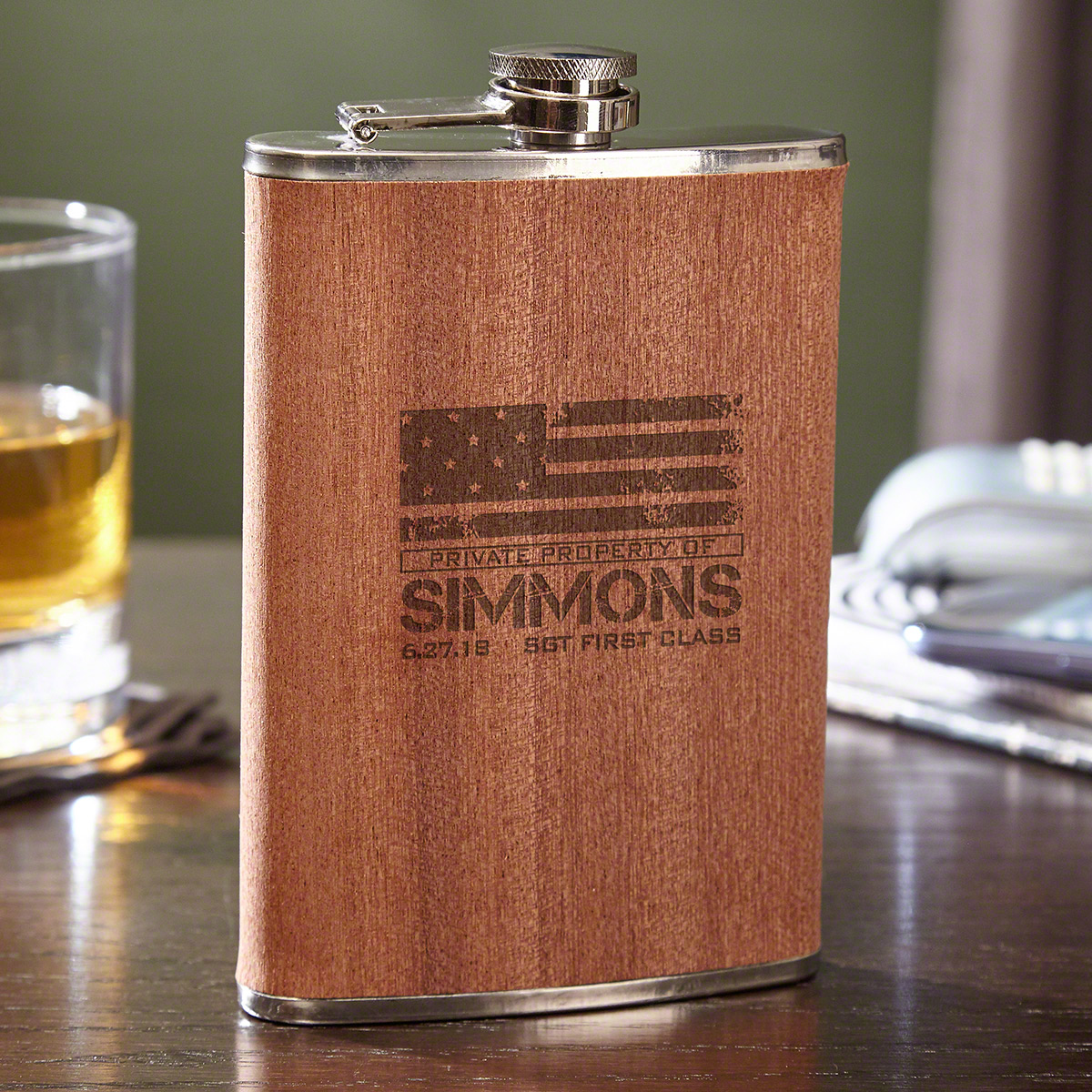 American Heroes 8 oz Flask with Natural Wood