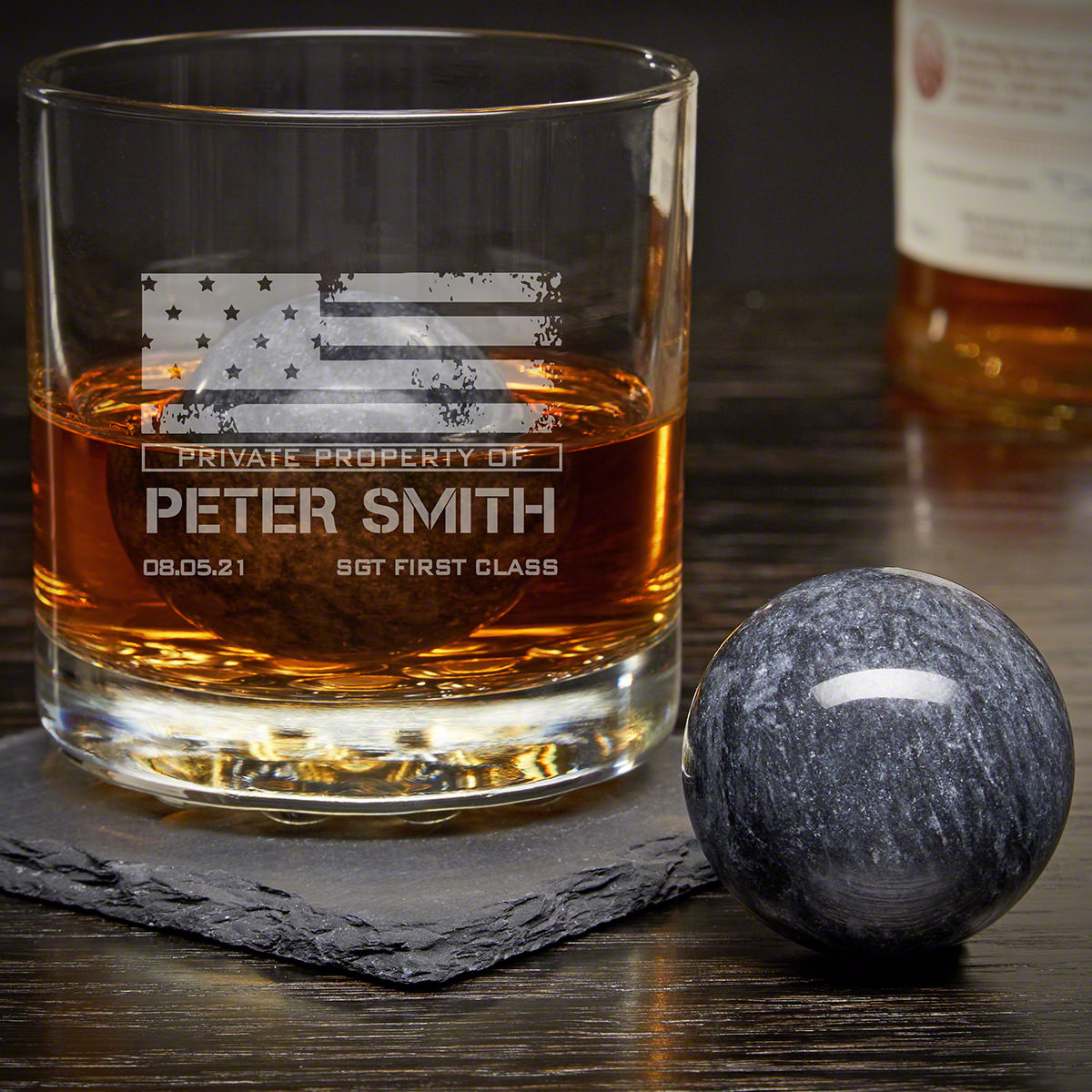 American Heroes Custom Rocks Glass with Whiskey Spheres