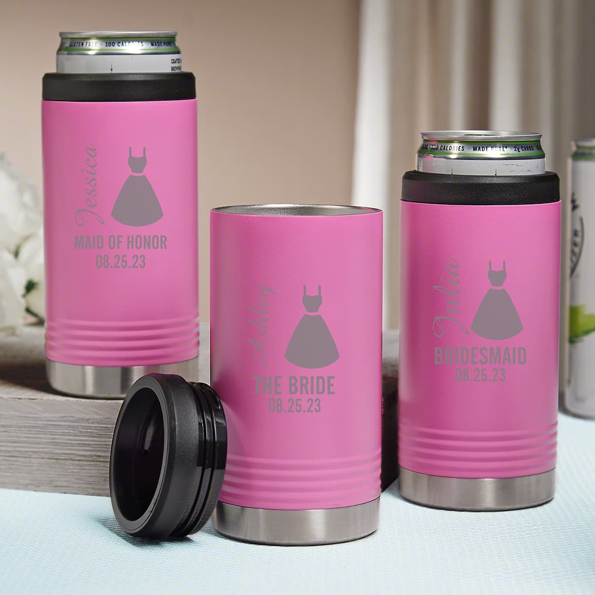 Bride Tribe Engraved Pink Can Coolers Set of 3 Bridal Party Gifts