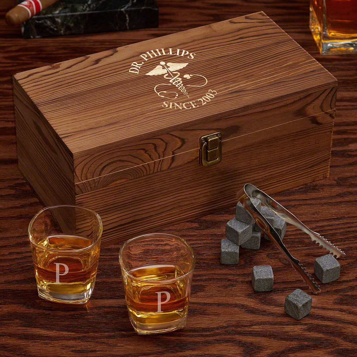 Caduceus Engraved Whiskey Box Set of Doctor Gifts