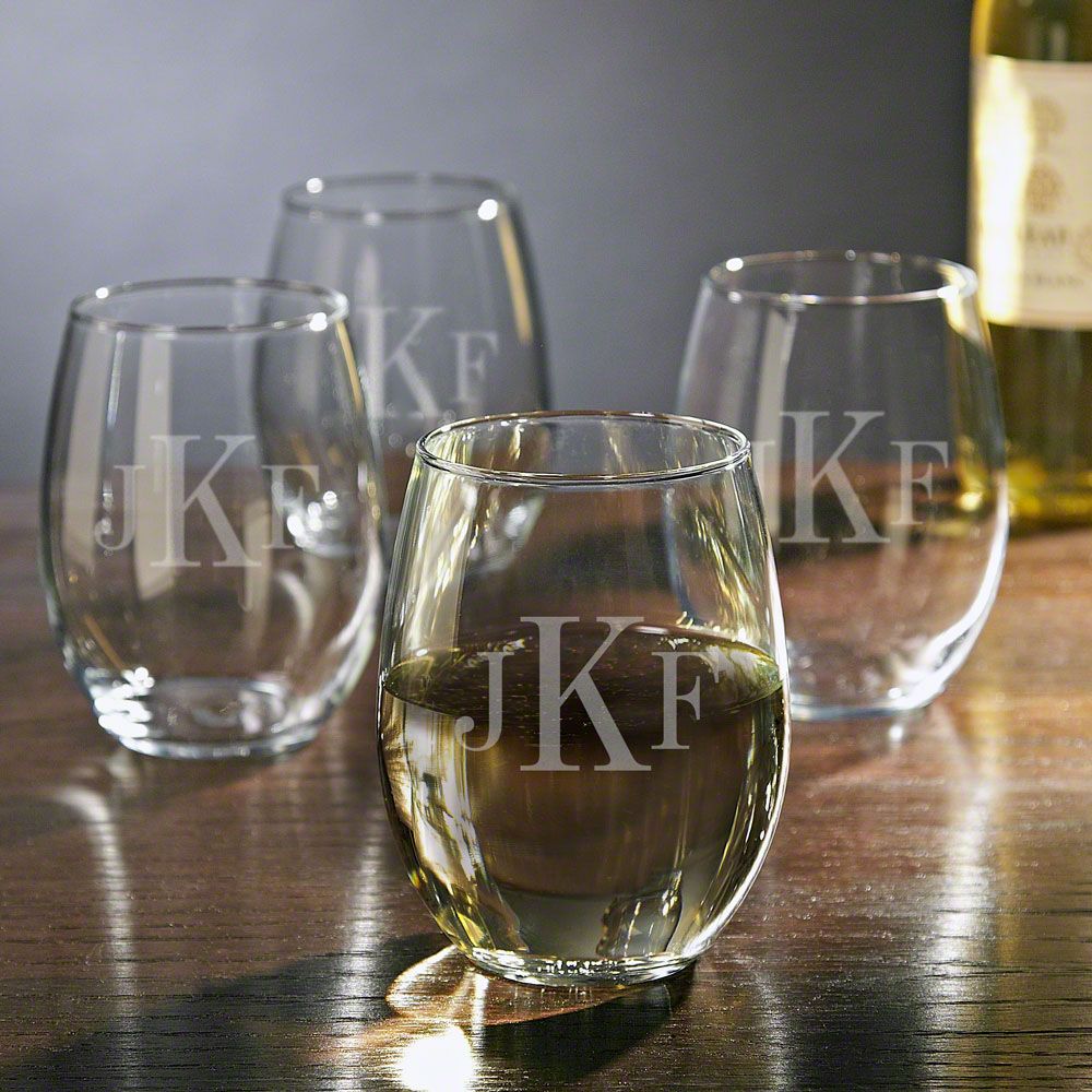 Monogrammed Stemless Wine Glasses, Set of 4