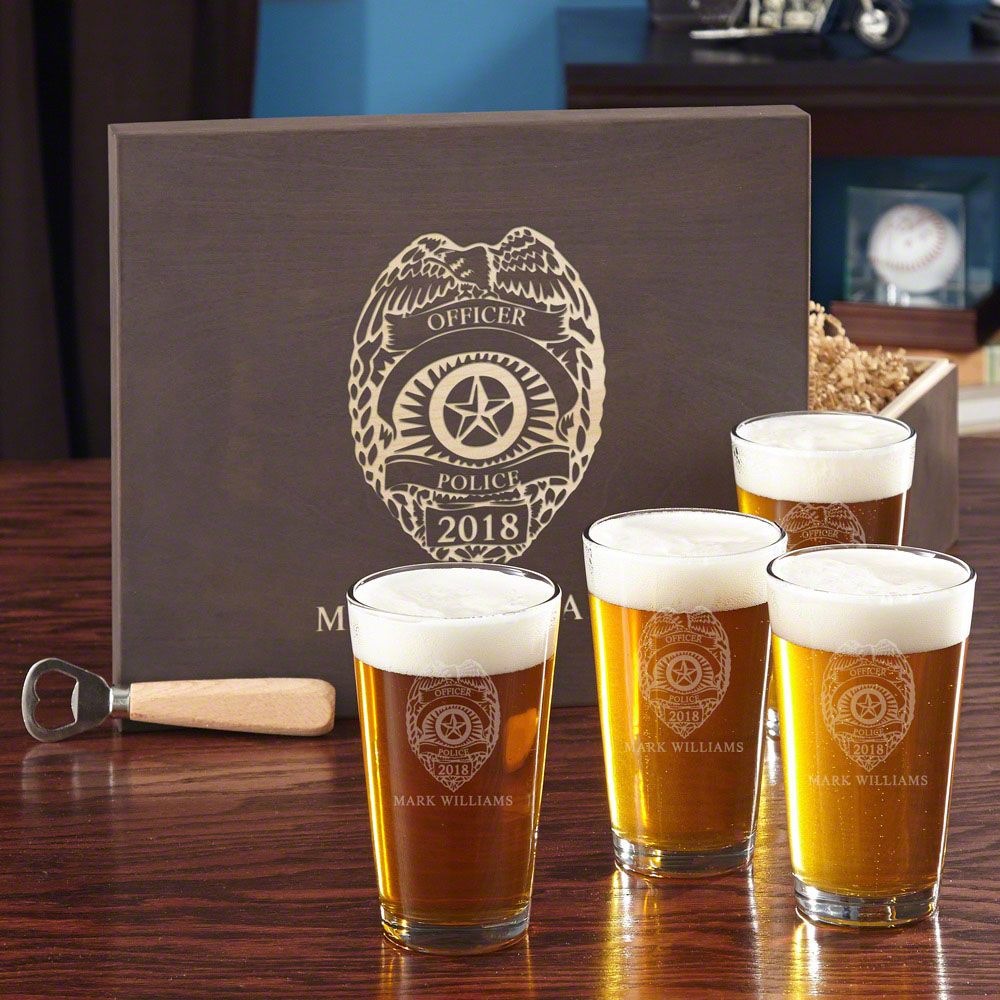 Police Badge Beer Glass Set with Custom Wood Gift Box