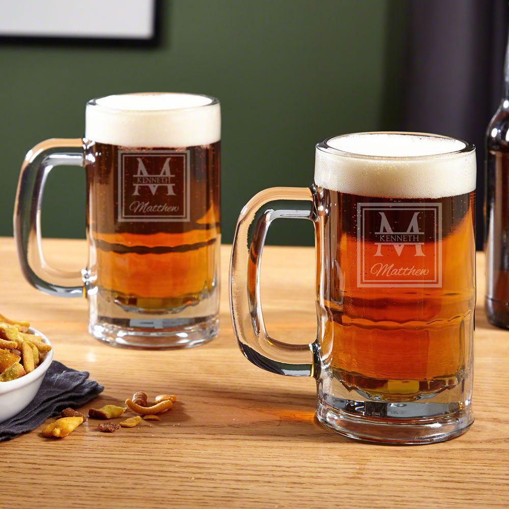 a set of two beer mugs made from high-quality transparent glass engraved name and a single initial is the idealist anniversary gift for boyfriend