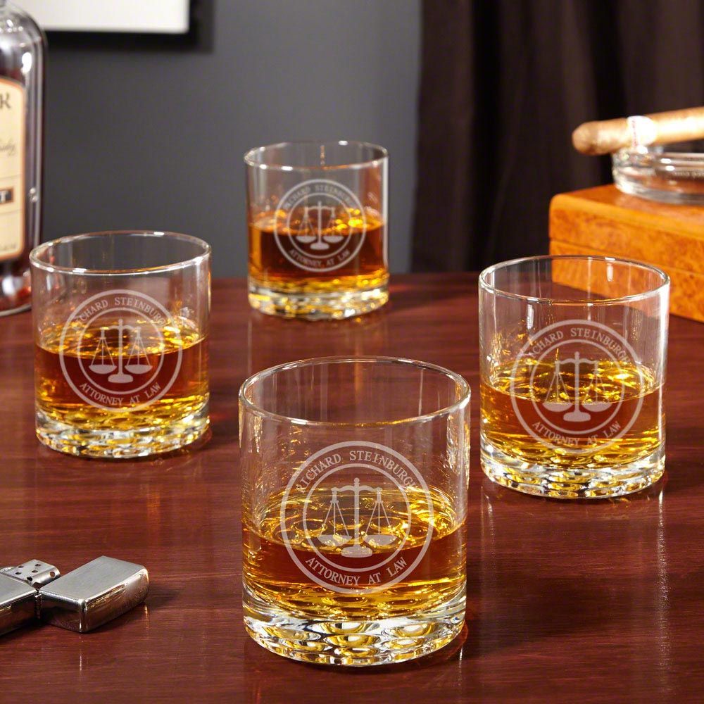 Scales of Justice Personalized Buckman Whiskey Glasses for Lawyers, Set of 4