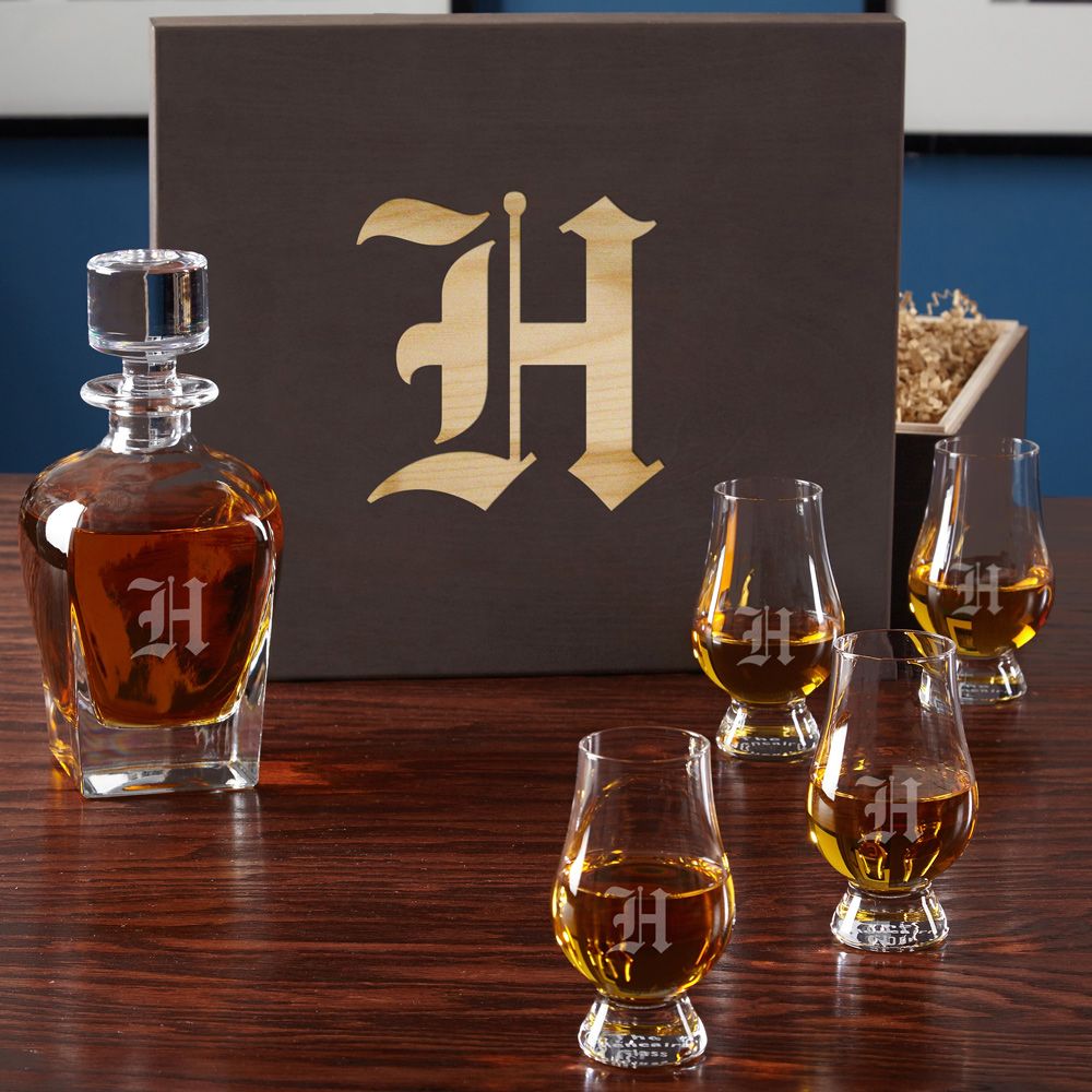 Single Initial Whiskey Set with Glencairn Glasses and Wood Gift Box