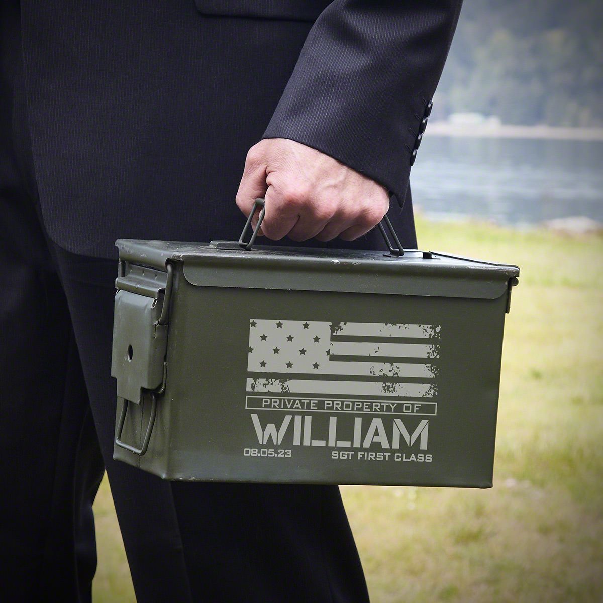 An ammo box made from an authentic military surplus with the bullet measurement and lot numbers engraved name, date, and rank of your husband