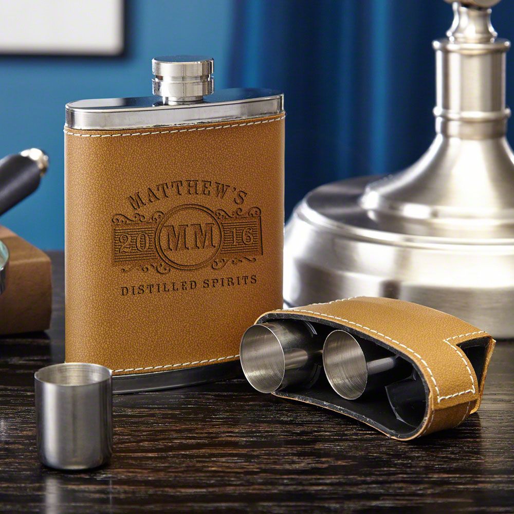 Wilouby 10 oz Hunter Tube Flask in Blue Ostrich Leather with 2 Shot Cups 