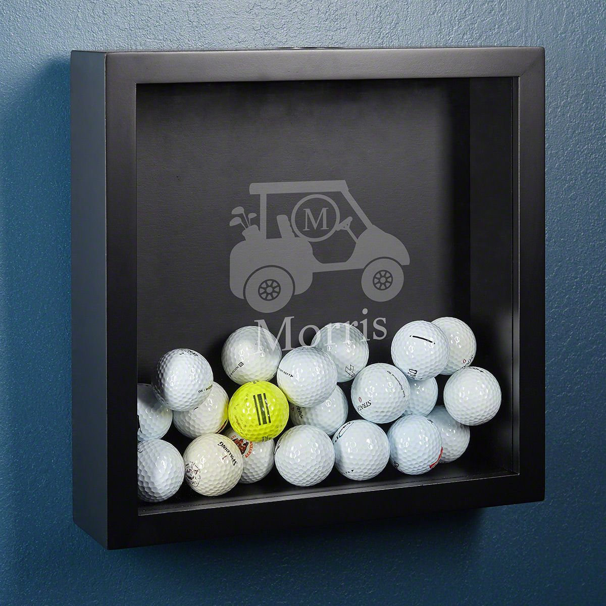 wooden shadow box with sleek black finish and removable glass window, engraved with an initial and name of your choice