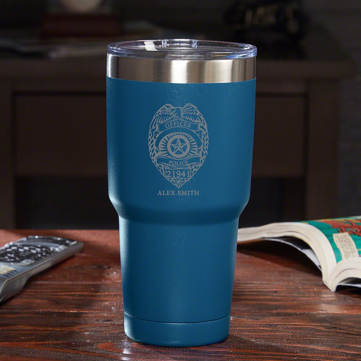 Police Badge Personalized Travel Mug - Blue