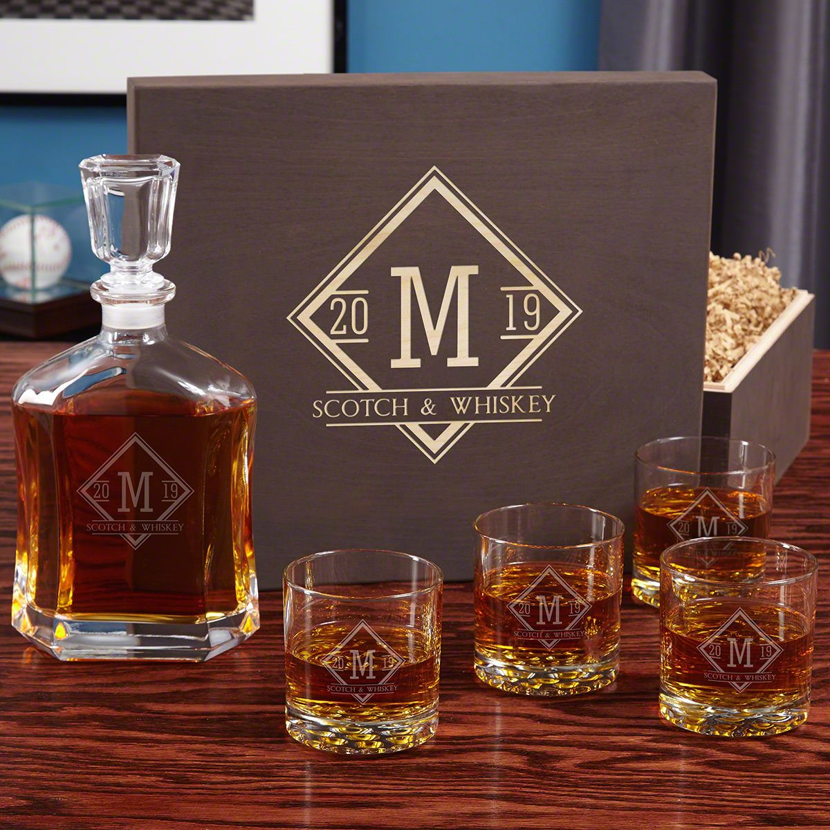 Drake Custom Etched Glass Whiskey Decanter Gift Set 
