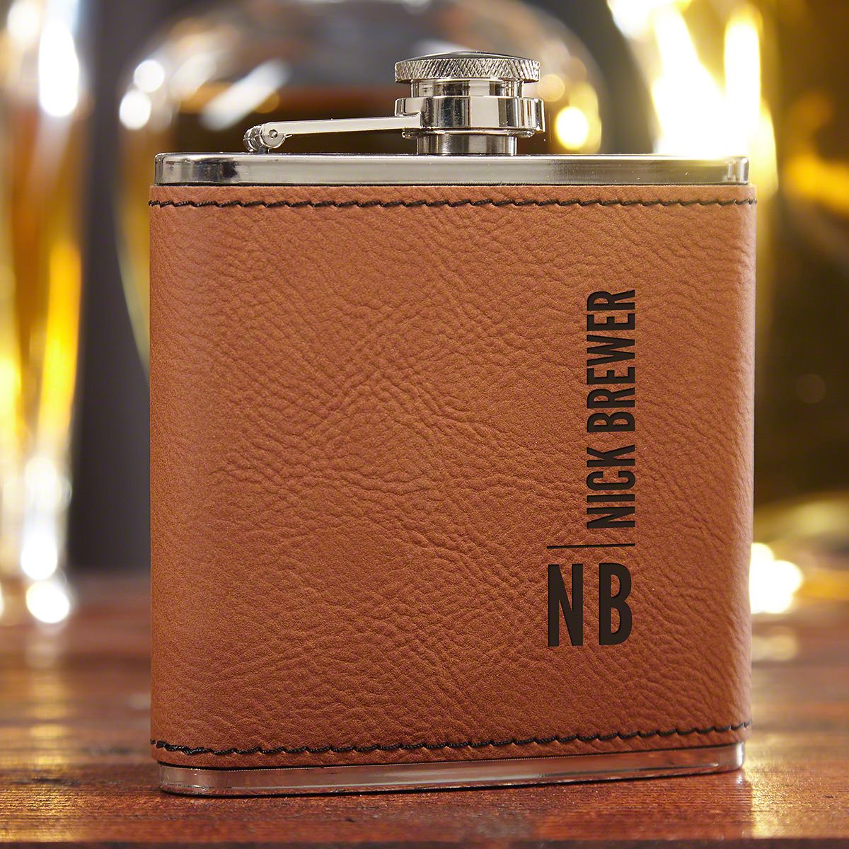 Calvin Saddle Brown Personalized Flask
