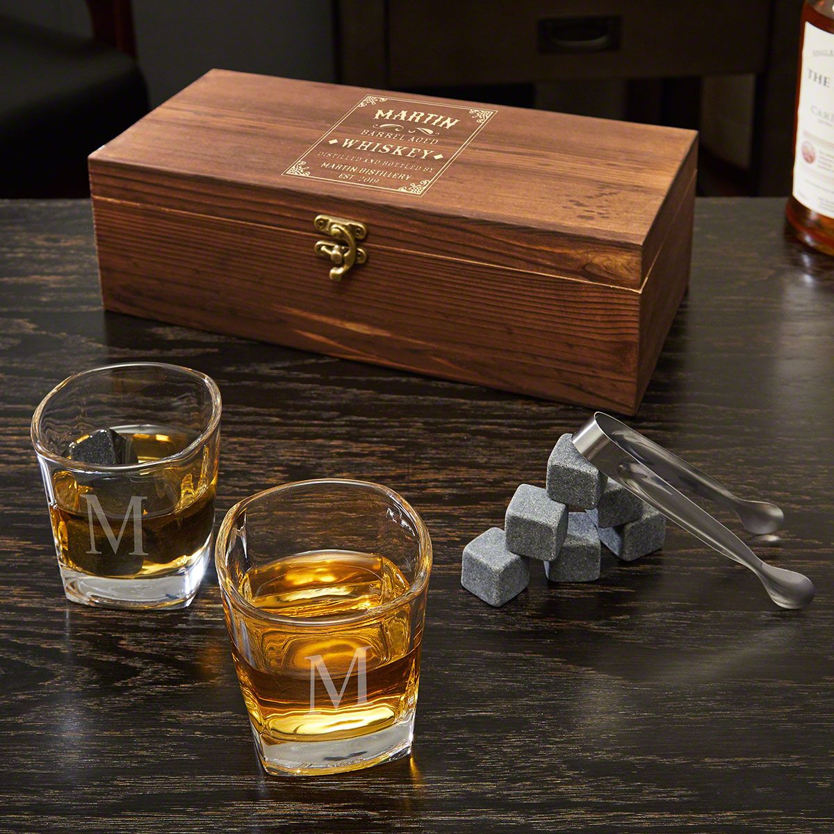 Stillhouse Engraved Shot Glass and Whiskey Stones Wooden Box Gift Set
