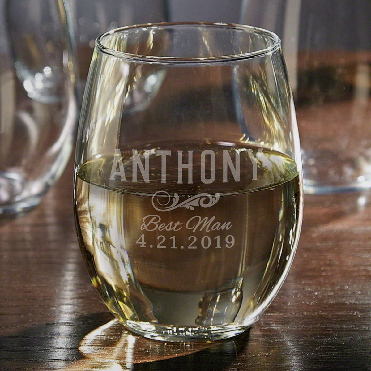 Personalized Classic Stemless Wine Glass - Groomsman Gift 