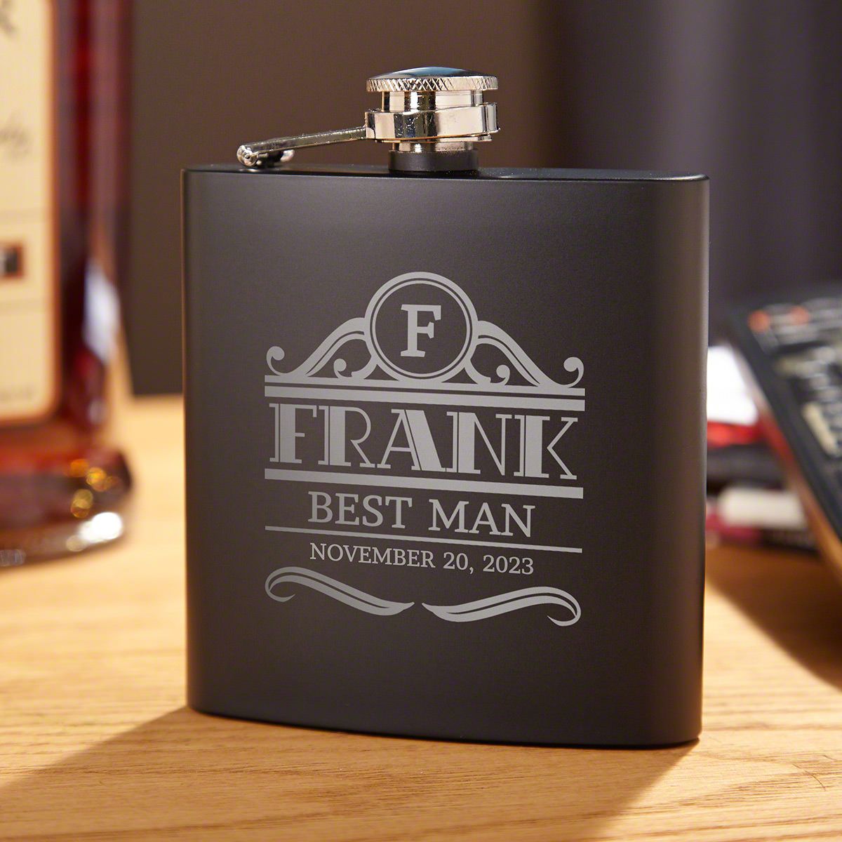 Engraved Flask Groomsman Best Man Gift 7 pc Black Matte Set Personalized Free 