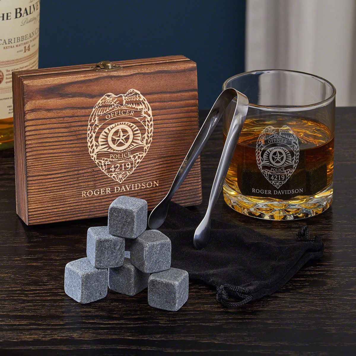 Coasters Set of 2 Whiskey Glasses Chilling Stones & Pair of Tongs in Wooden Gift Box
