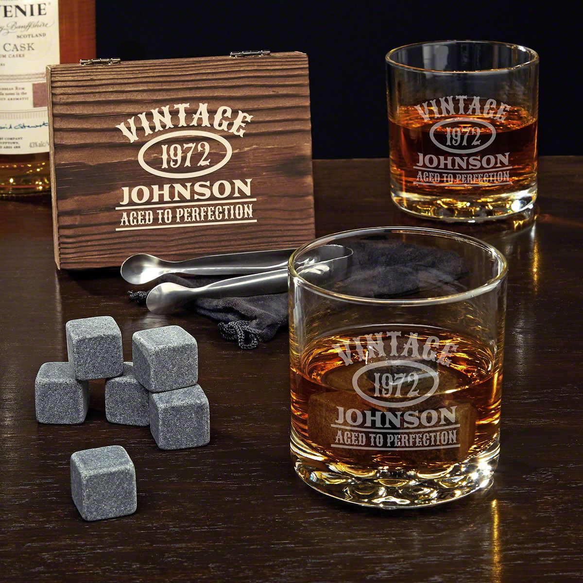 Set of glass whiskey cup and stone with your father name and his year of birth engraved is the most perfect gift for your manly father 