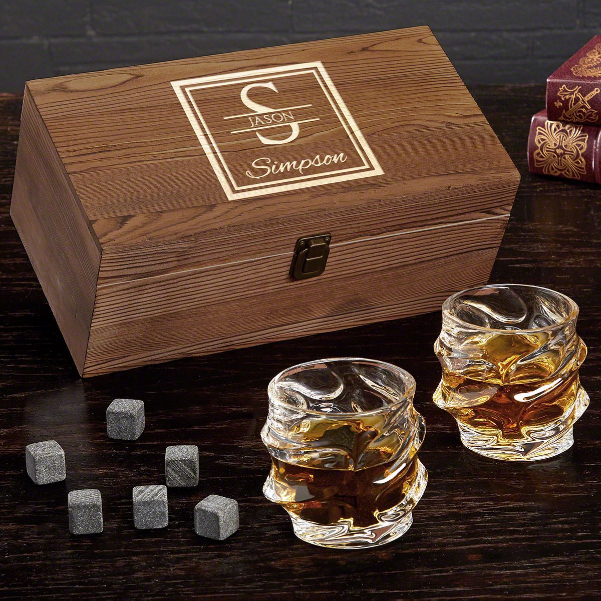 Custom Whiskey Set in Customized Wood Box as Gift for Father. Personalised Whiskey Set with Whiskey Stones and Personalised Wood Box Bourbon Glass Gift Set for Him