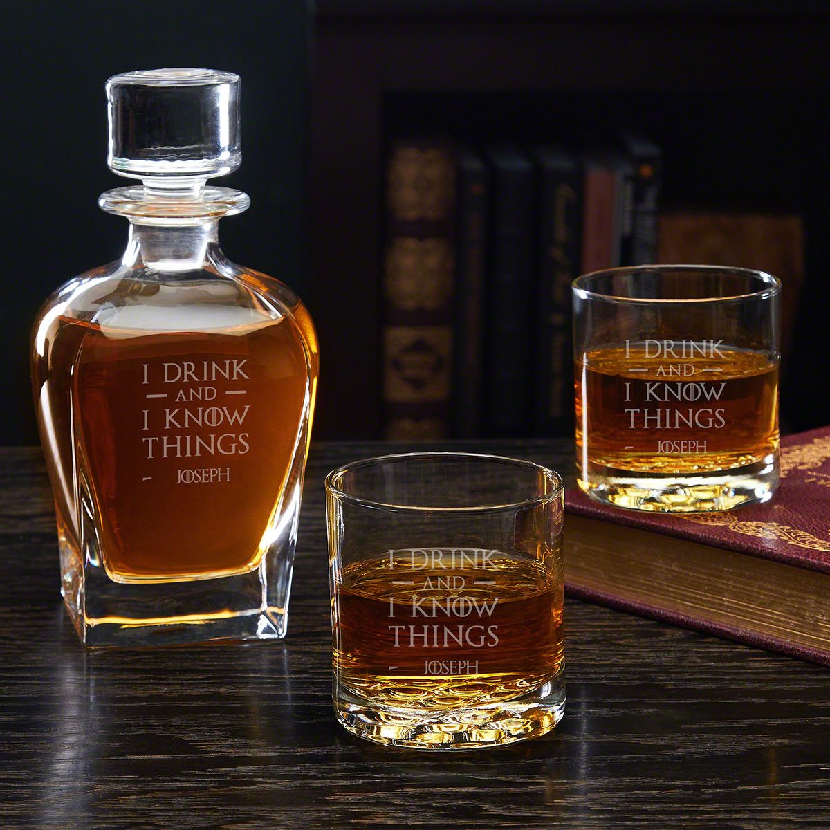 I Drink & I Know Things Draper Custom Decanter with Buckman Glasses