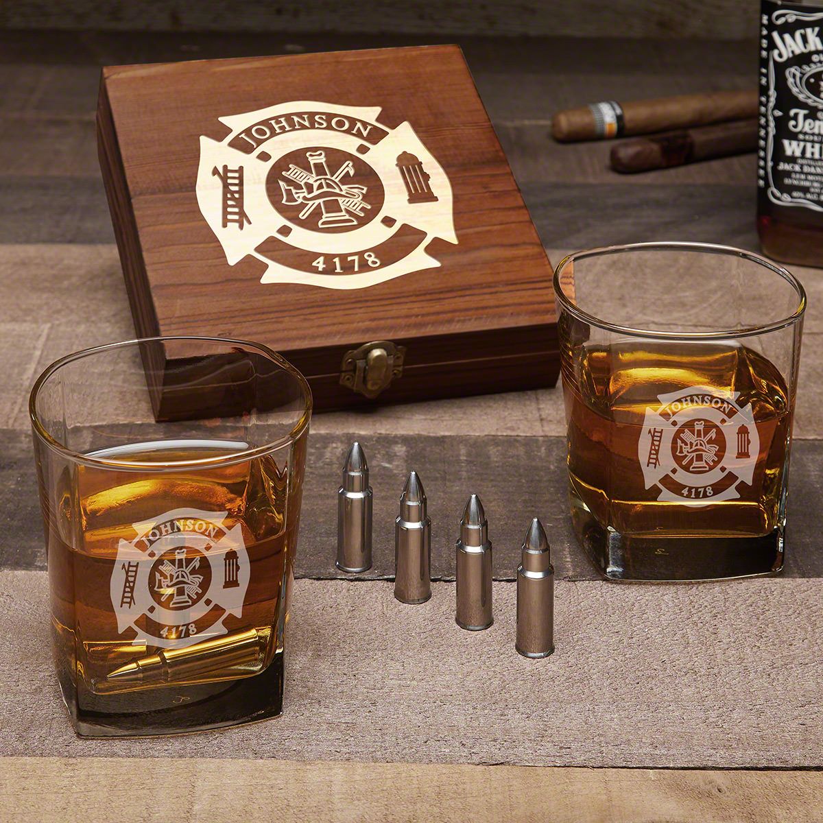 Fire & Rescue Custom Square Rocks Glasses with Bullet Whiskey Stones – Firefighter Gift