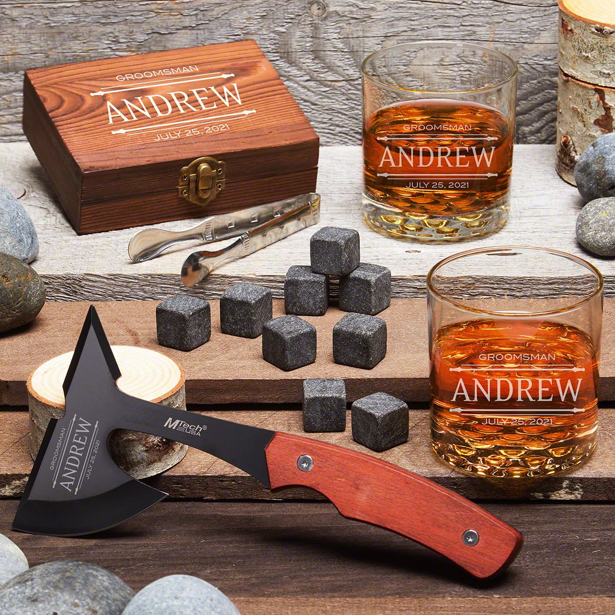 Rustic Adventure Stanford Custom Axe & Whiskey Set – Gift for Groomsmen