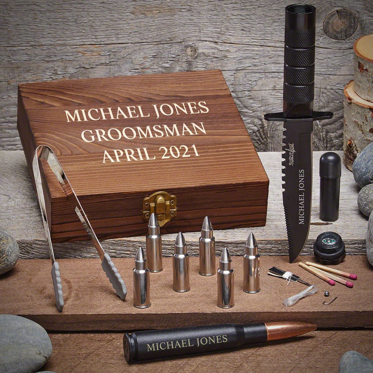 Personalized Whiskey Bullet Stones & Tactical Knife Set