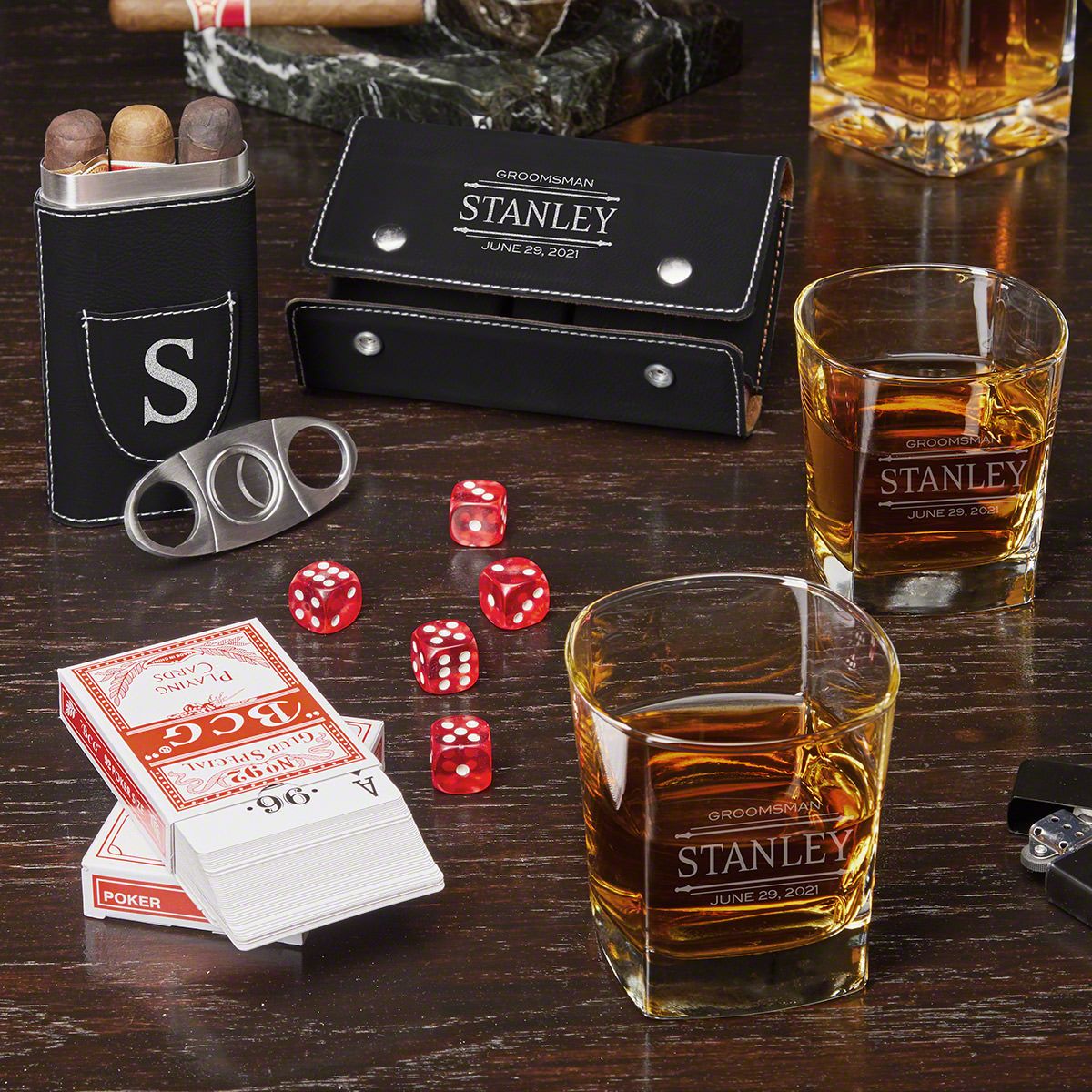 Game Night Stanford Custom Whiskey Glasses with Cigar Case and Game Set