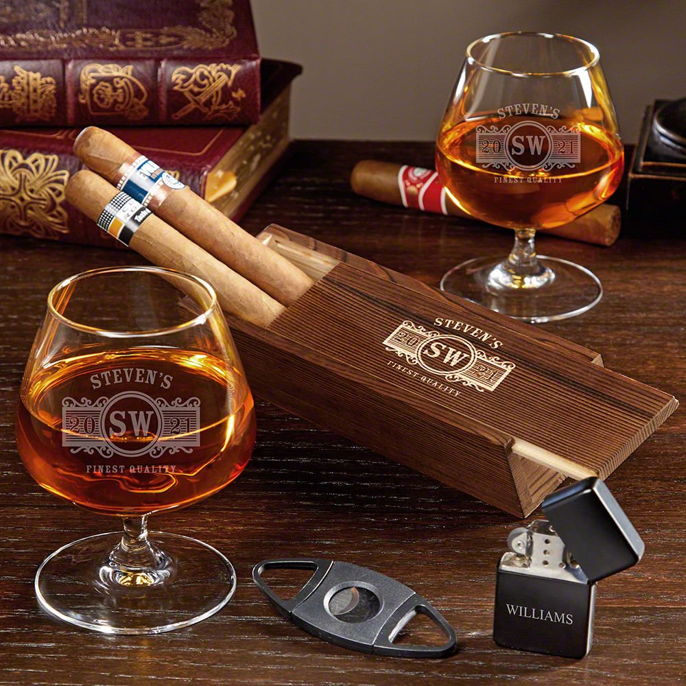 Marquee Engraved Cigar Lovers Box Set with Cognac Glasses - Cognac Gift Set