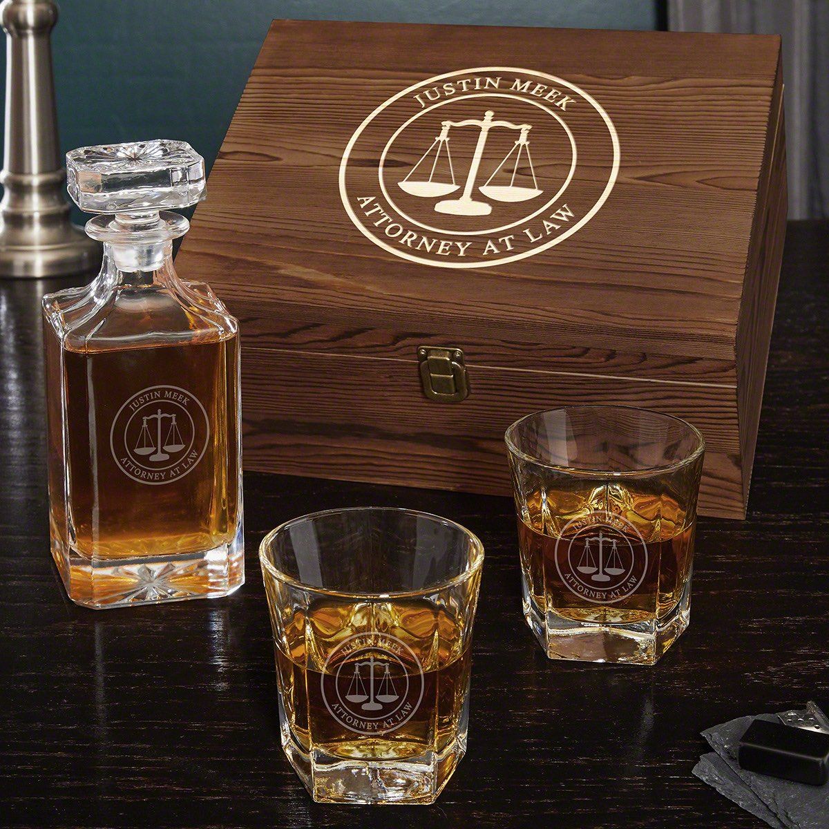 Scales of Justice Personalized Whiskey Decanter Set - Gifts for Lawyers