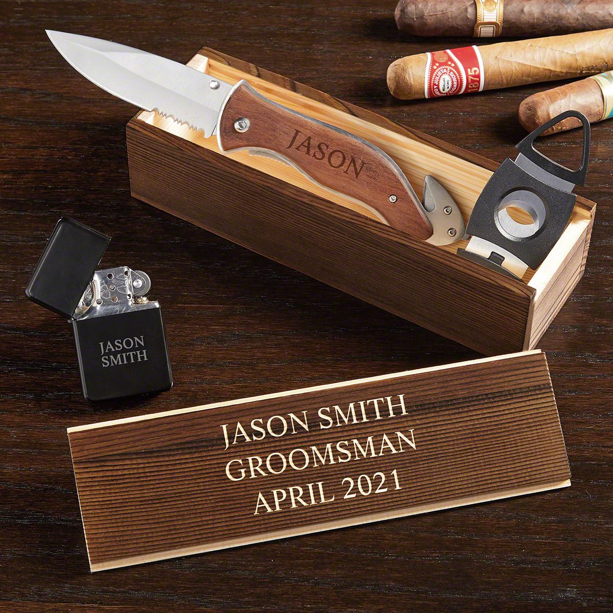 Personalized Knife Gift Set with Cigar Accessories